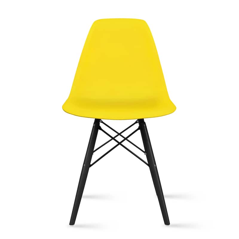 Set of 2 Modern Plastic Eiffel Side Chairs – Armless Molded Shell with Black Wood-Look Eiffel Legs for Dining, Office & Accent - Yellow