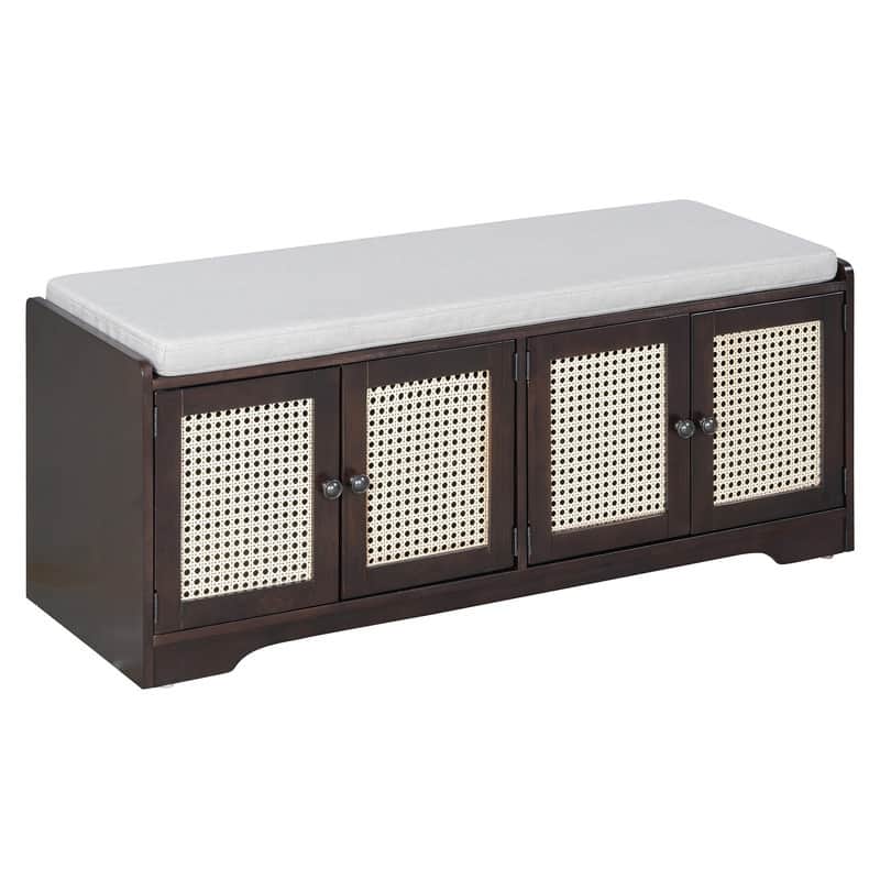 Rustic 47.4" Storage Bench Multifunctional Wooden Entryway Organizer with Removable Cushion and Rattan Doors