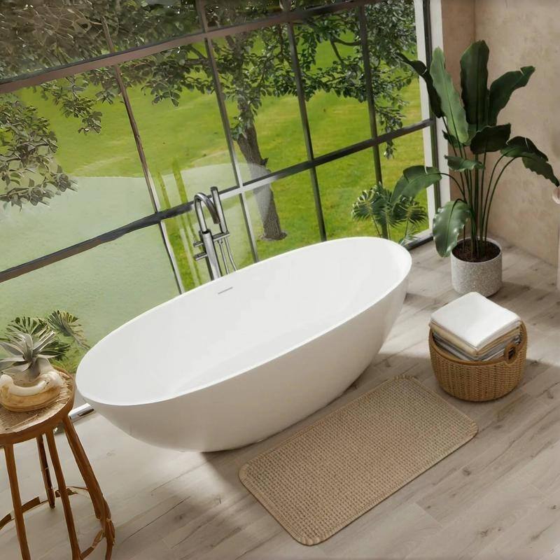 ABRUZZO 65" Freestanding Soaking Solid Surface Bathtub with Overflow and Pop-up Drain