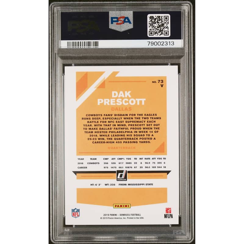 Dak Prescott 2019 Panini Donruss No Ball Football Card #73V Graded PSA 10 - 8'6" x 11'6"