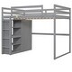 preview thumbnail 4 of 16, Wood Full Size Loft Bed with Built-in Wardrobe, 4-Layer Storage Shelves, and LED Light - Gray