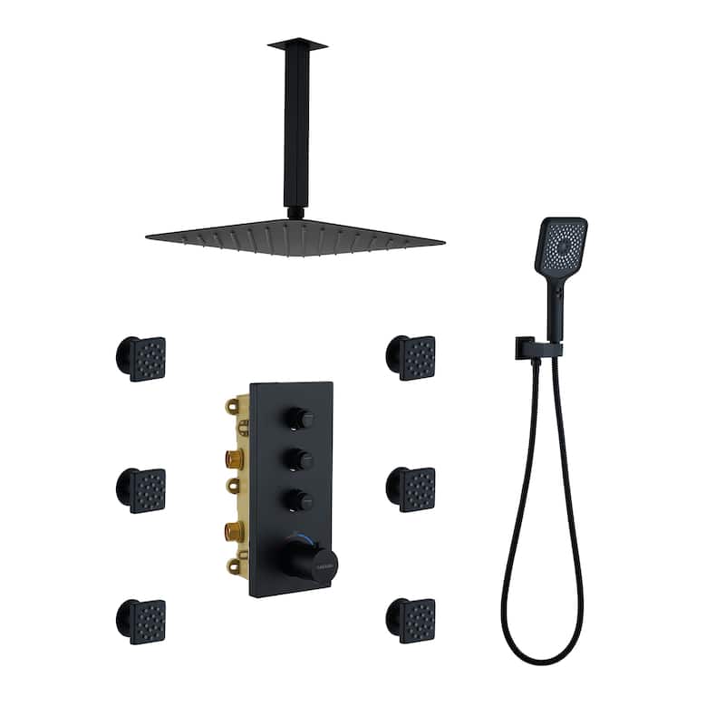 Luxury Thermostatic Shower System 3-Spray Patterns Ceiling Mount Fixed Shower Head and Handheld Spray with 6 Body Jets