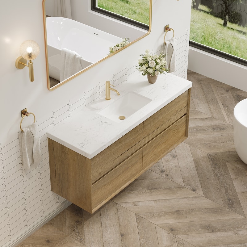 24"30"36"48"60"72" Floating Bathroom Vanity Engineered Stone Top with Rectangular Ceramic Undermount Sink
