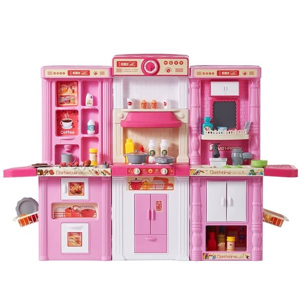 slide 2 of 12, 74 Piece 3-in-1 Pink Kids Kitchen Playset Toy Perfect for Group Play - 50" (L) x 11" (W) x 35" (H)