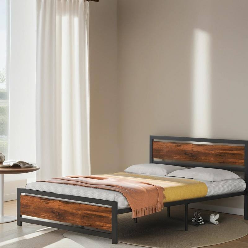 Queen Platform Bed Metal and Wood Bed Frame with Headboard and Footboard