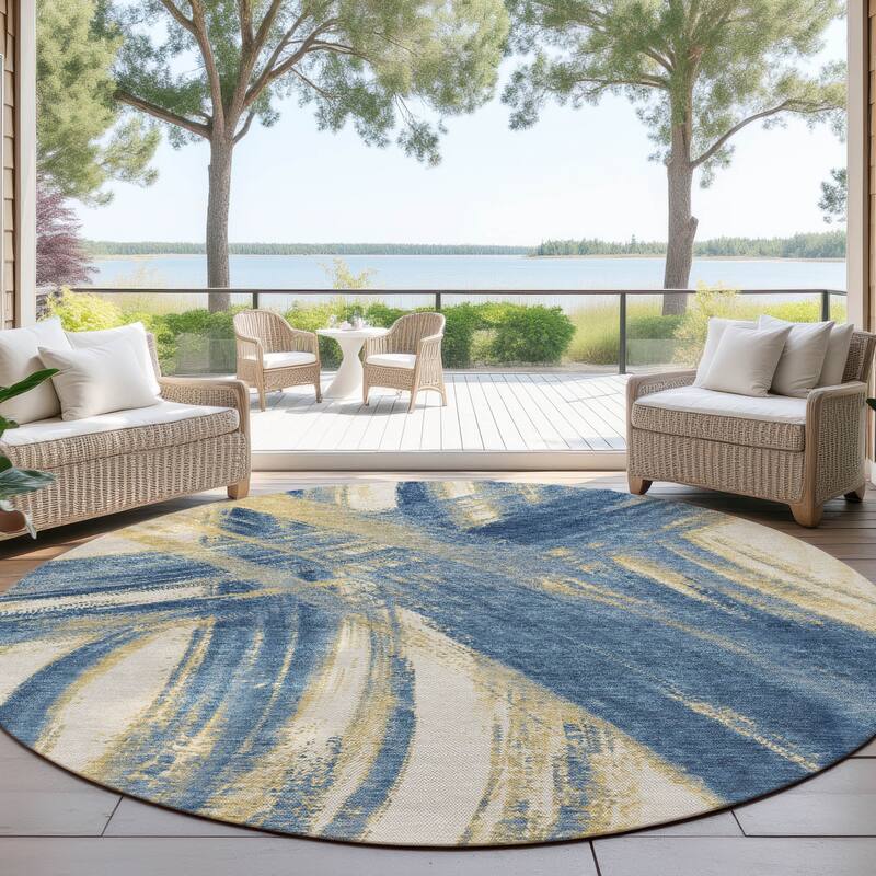 Machine Washable Indoor/ Outdoor Abstract Brushstroke Chantille Rug - Navy - 8' x 8'