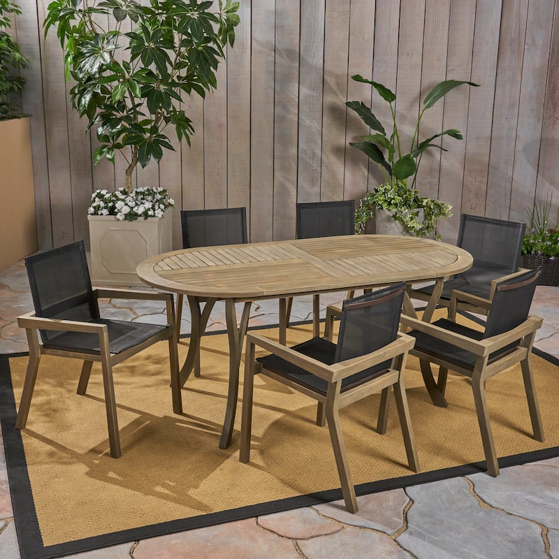 Arletta Outdoor Acacia Wood 6 Seater Patio Dining Set with Mesh Seats by Christopher Knight Home - gray + black