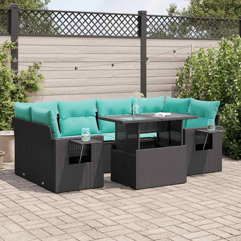 vidaXL Patio Sofa Set with Cushions Table and Couches 7 Piece Poly Rattan - Black with storage