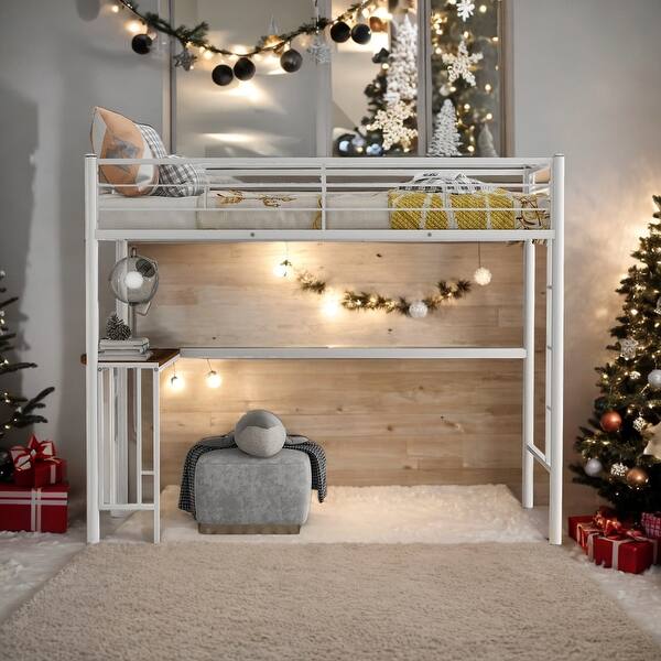 slide 2 of 9, Modern Twin over Twin Metal Bunk Bed with Desk, Ladder and Guardrails For Bedroom,Dorm,Kids White