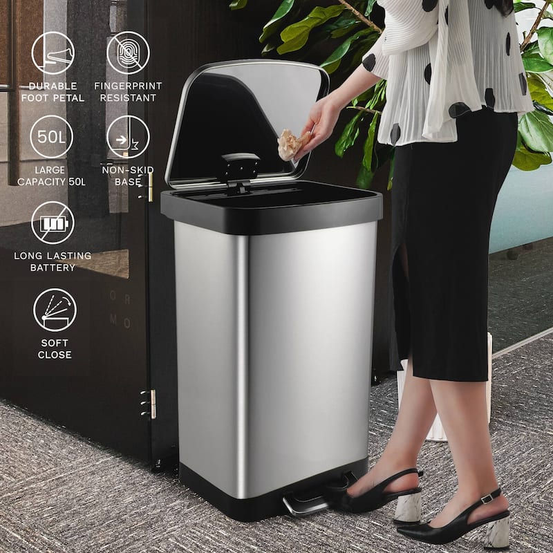 Innovaze 14.5 Gal./55 Liter Rectangle Step-On Stainless Steel Trash Can for Kitchen