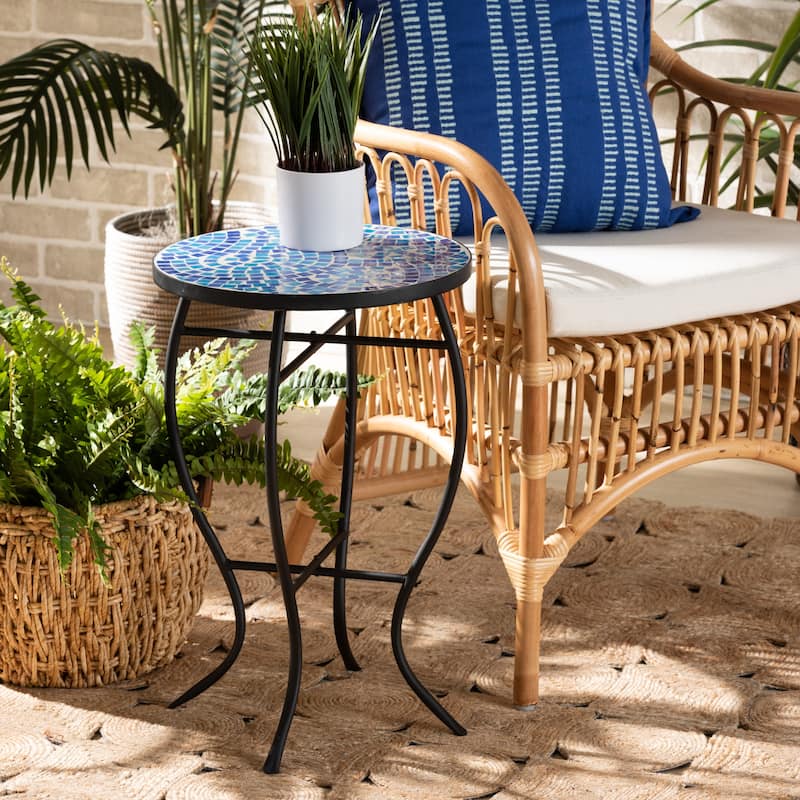 Gaenor Modern and Contemporary Black Metal and Blue Glass Plant Stand