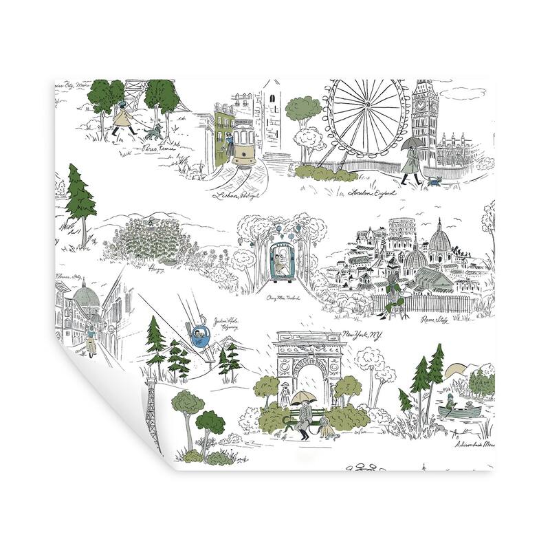 Rifle Paper Co. Travel Sketches Blue Globetrotter Premium Peel + Stick Wallpaper