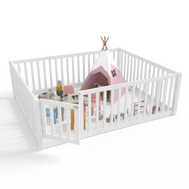 Montessori Floor Bed with Safety Guardrails & Door, Kids Low Profile Frame, Available in Queen/Full/Twin