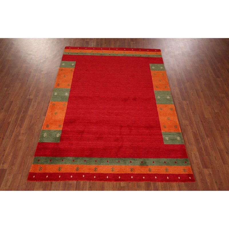 Red Gabbeh Oriental Area Rug Hand-Knotted Wool Carpet - 5'9"x 7'11"