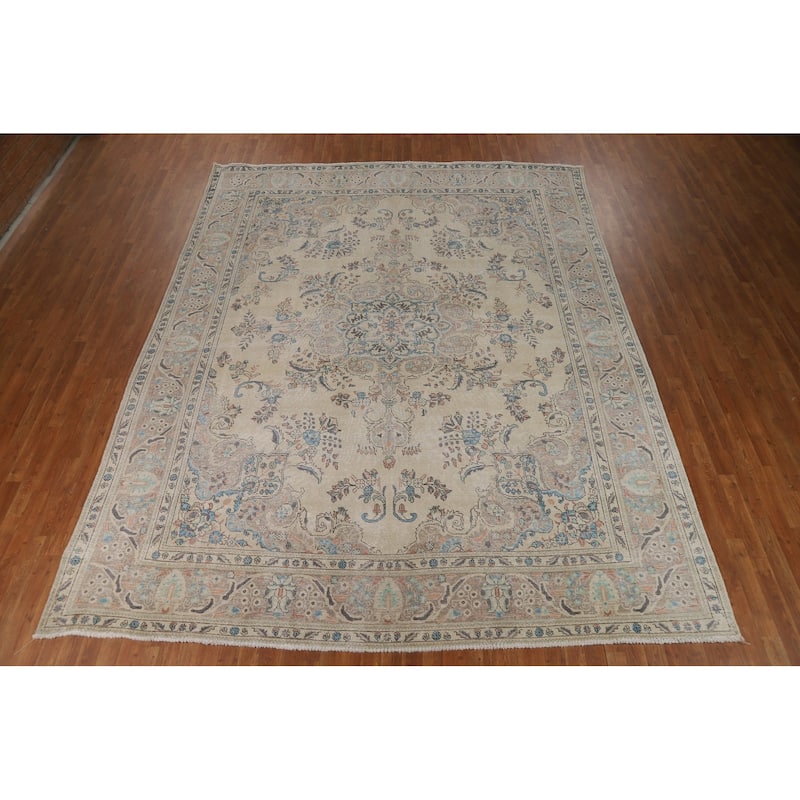 Floral Tabriz Persian Area Rug Handmade Traditional Beige Wool Carpet - 9'9"x 12'8"