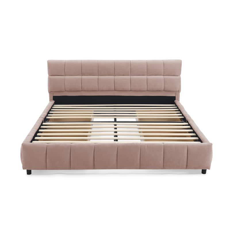 Queen Size Upholstered Bed with Storage Drawers, Soft Chenille Fabric Frame, Modern Platform Bed with Headboard