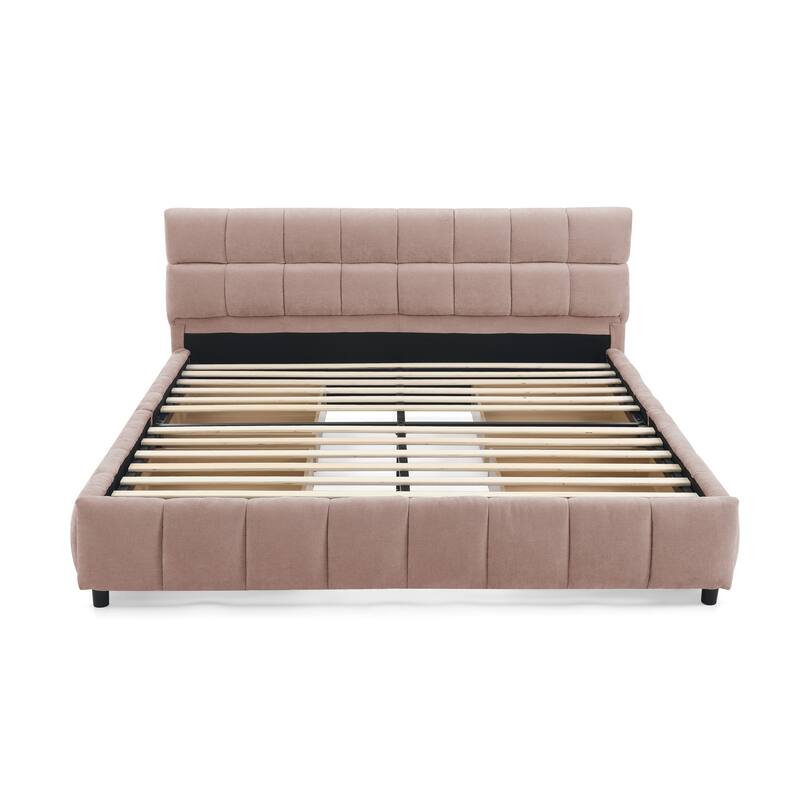 Queen Size Upholstered Bed with Tufted Headboard, Chenille Fabric Platform Bed with 4 Storage Drawers, Solid Wood Bed Frame