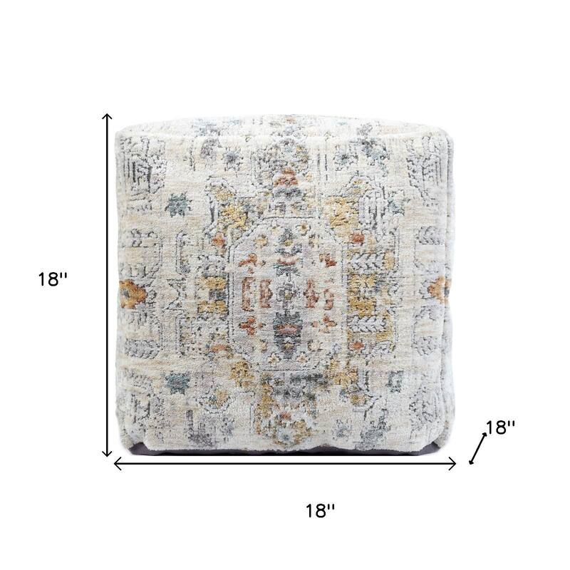 HomeRoots 18" Ivory and Light Gray Upholstered Medallion Pouf Ottoman