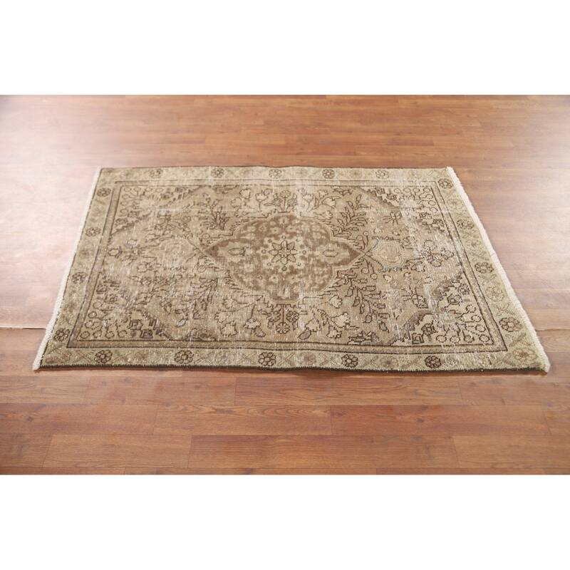 Hand Knotted Oriental 100% Wool Carpet Traditional Floral Brown Tabriz Area Rug - 4' 8'' X 3' 3''