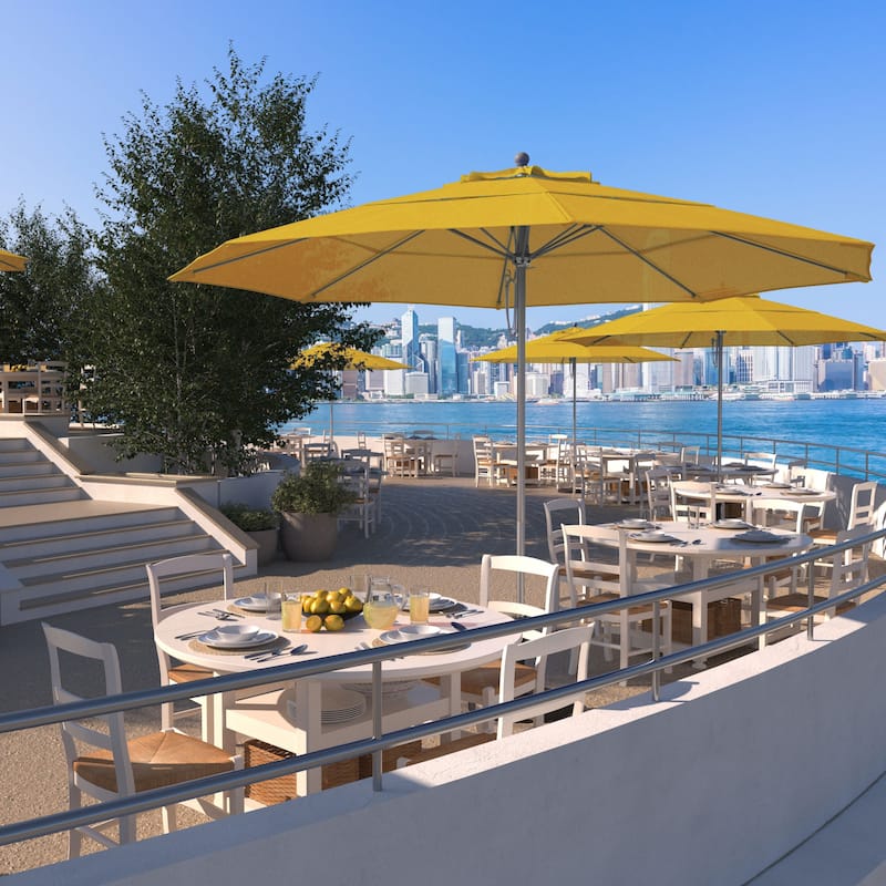 California Umbrella 11' Rd Aluminum Frame, Fiberglass Rib Market Umbrella, Push Open, Anodized Silver Finish, Olefin Fabric