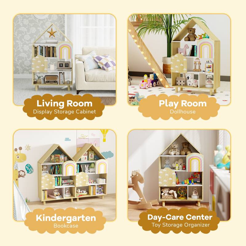 Natural Wood Kids Bookshelf House Shaped Toy Storage Organizer with Doors and Shelves - 23.5" x 12" x 40.5"