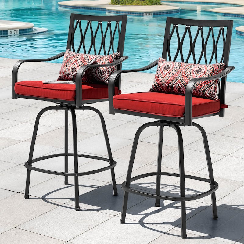 Patio 2-Piece Swivel Bar Stools with Red Cushions, Black