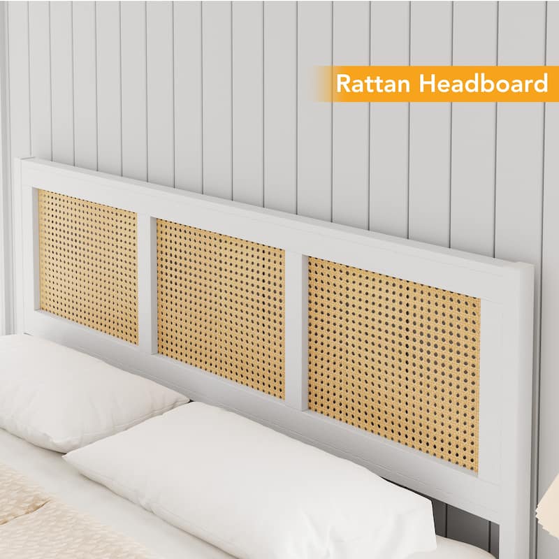 Rattan Bed Frame with Headboard, White Boho Cane Platform Bed Frame with Strong Metal Slat, Noise Free