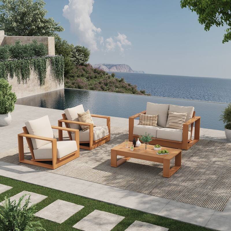 Outdoor Conversation Set 4-Piece Eucalyptus Wood Sofa Weather‑resistant Rope Weave Loveseat with Coffee Table