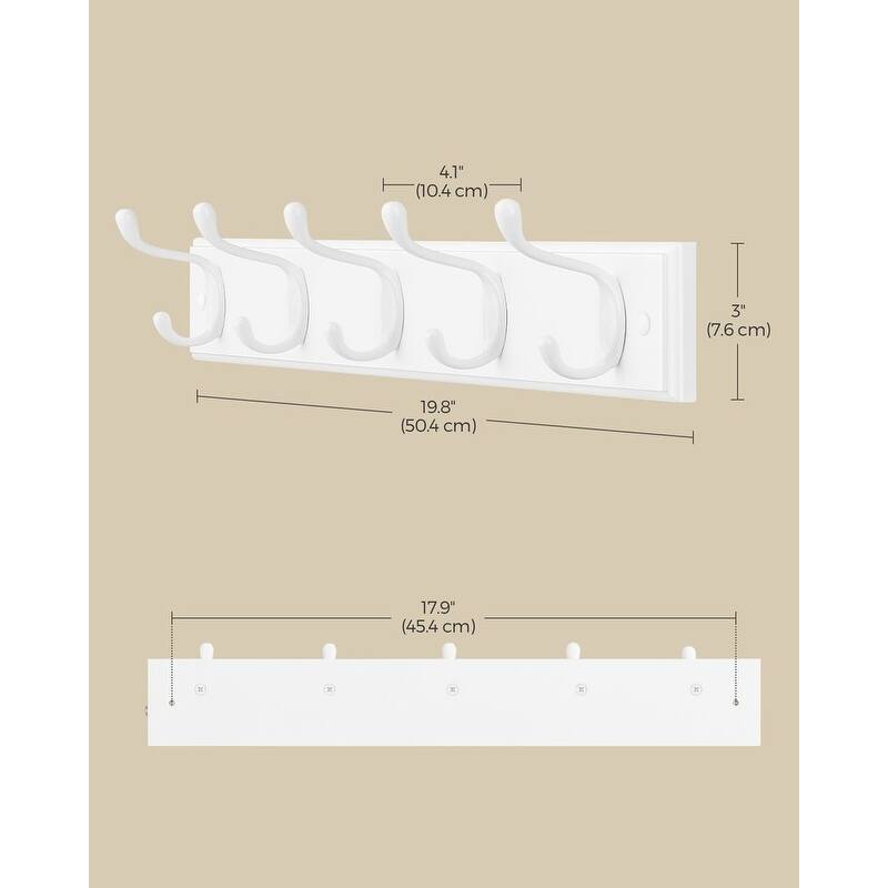 10-Hook Coat Rack Wall Mount Cloud White MDF Panel with Metal Hooks for Jackets and Scarves - 19.8"L x 2.8"W x 3"H