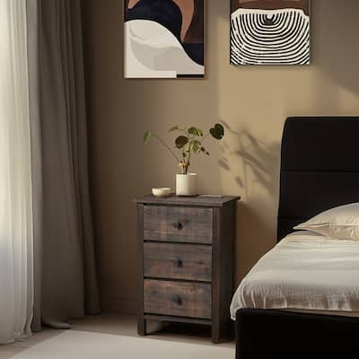 Brown Solid Wood Nightstand with 3 Drawers with USB & Type-C Ports, 2 Power Outlets