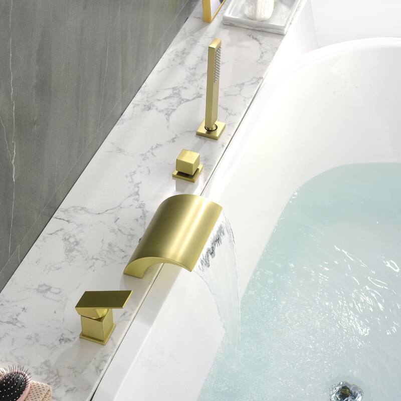 Deck Mounted Four Holes Tub Faucet Waterfall Modern Bath Tub Faucet with Handheld Shower Tub Fillers with Pressure Balance Valve