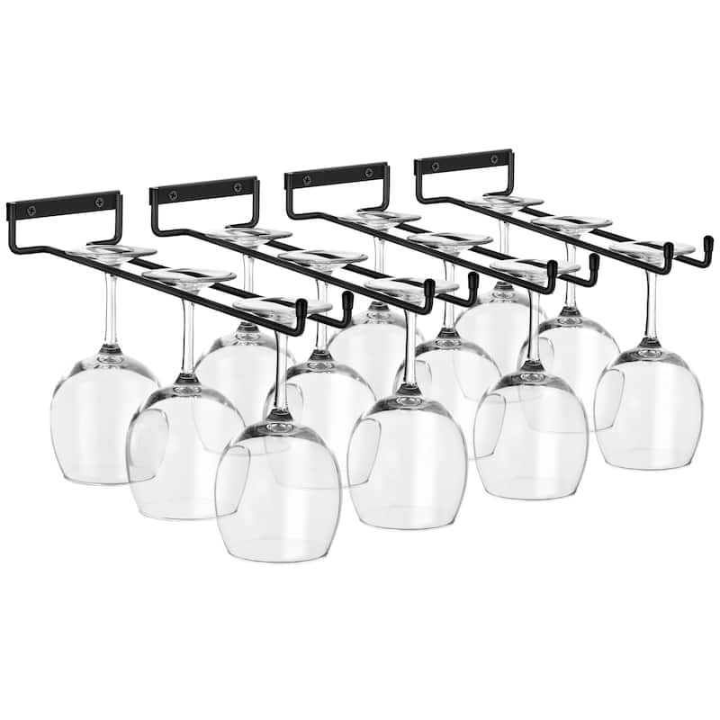 Sorbus Wine Glass Holder 12 Inch Rack Wall Mount Under Cabinet Storage Holds 4 Stemware Wine Glasses Each, 16 Total - Set of 4 - Black