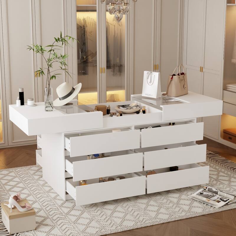 12-Drawer Storage Island Tempered Glass Top Island Display Cabinet Dresser