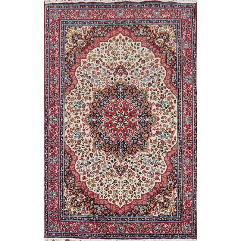 Floral Ivory Mashad Turkish Rug Machine Made Carpet - 6'4" x 9'6"