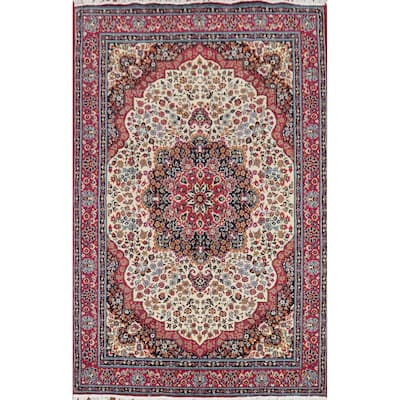 Floral Ivory Mashad Turkish Rug Machine Made Carpet - 6'4" x 9'6"