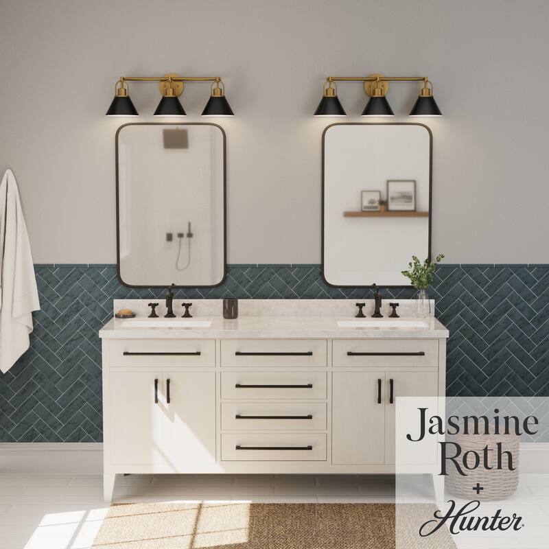 Hunter Carrington Isle Luxe Gold 3-Light Bathroom Vanity w/ Cased White Glass - Casual, Transitional - Designer