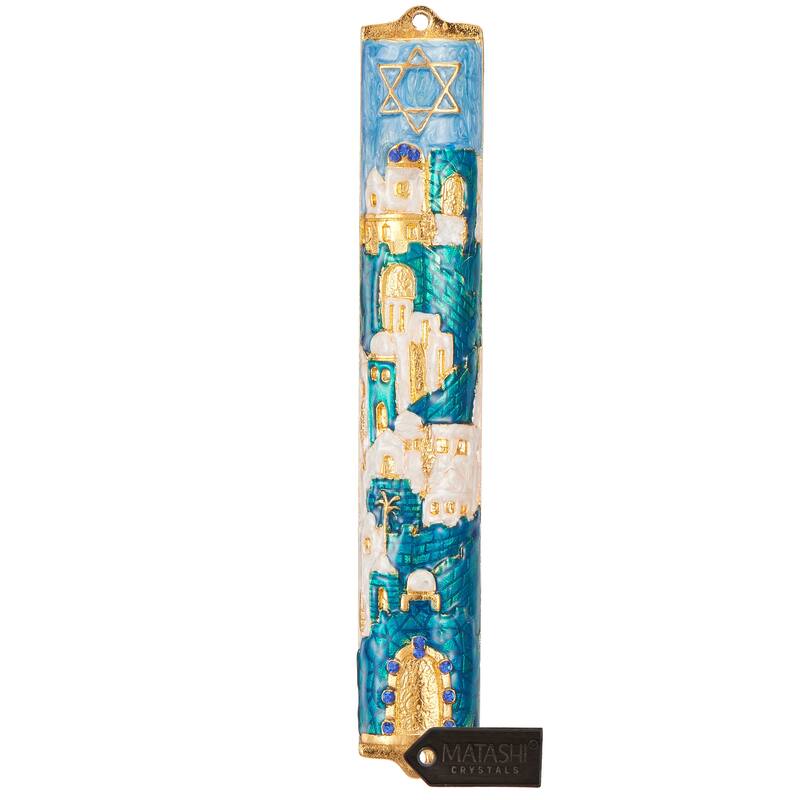 Matashi Hand Painted 5.5" Blue and Ivory Enamel Jerusalem Cityscape Mezuzah Embellished with Gold Accents and Star of David