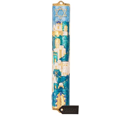 Matashi Hand Painted 5.5" Blue and Ivory Enamel Jerusalem Cityscape Mezuzah Embellished with Gold Accents and Star of David