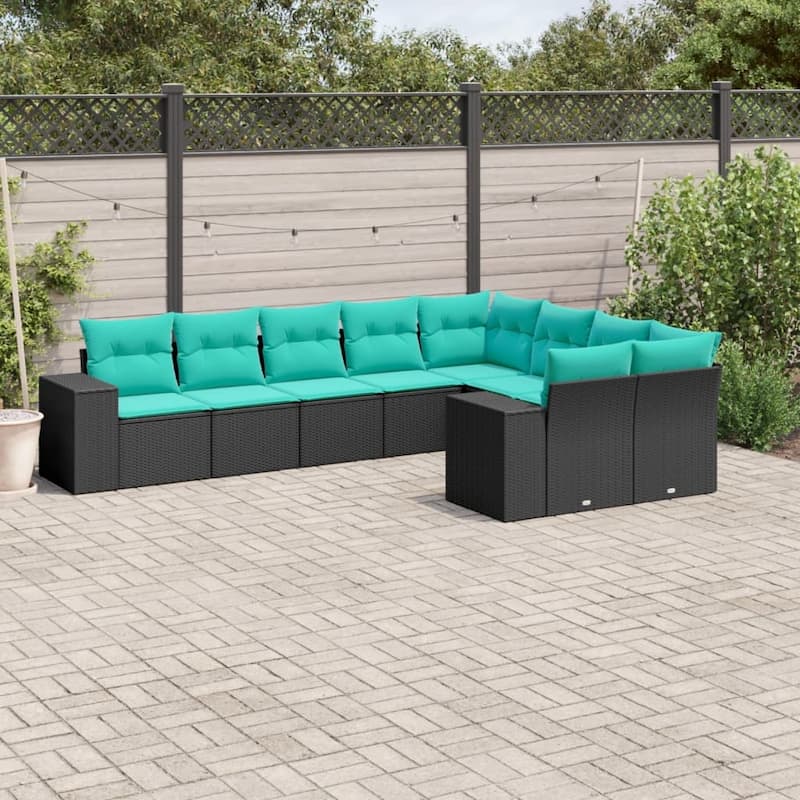 vidaXL 9 Piece Patio Sofa Set with Cushions Black Poly Rattan - 24.4 x 24.4 x 27.2-With table