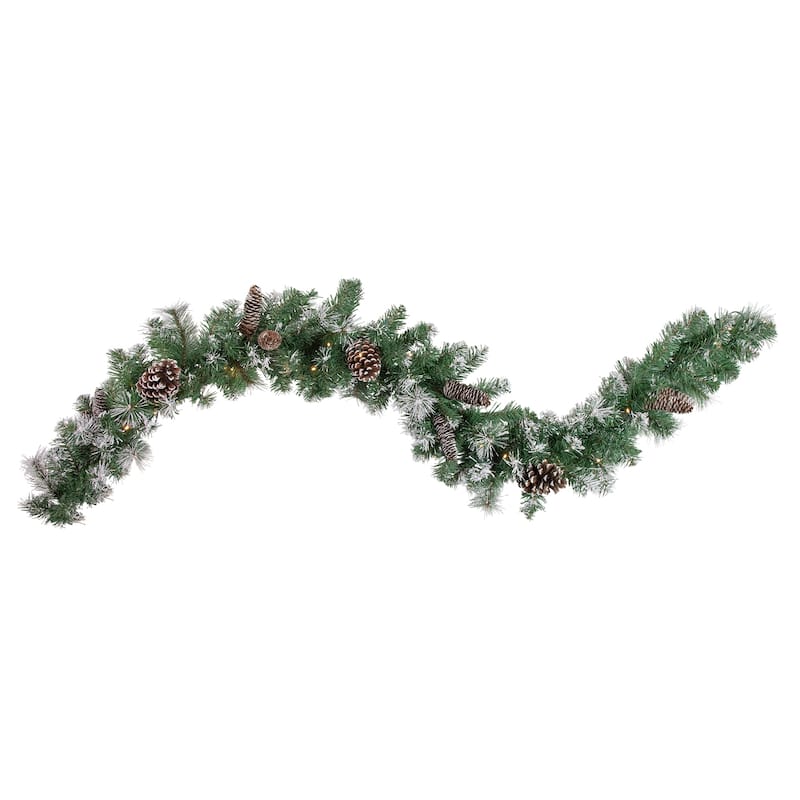 6' x 9" Pre-Lit Decorated Frosted Pine and Pine Cone Artificial Christmas Garland