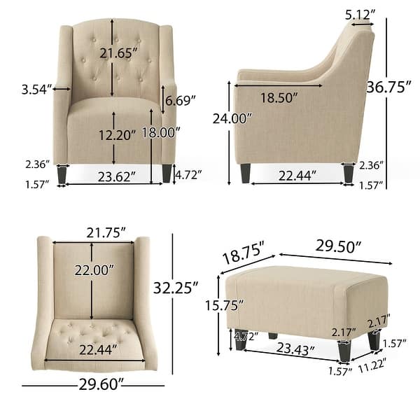 dimension image slide 3 of 2, Elaine Light Beige Tufted Fabric Club Chair with Ottoman by Christopher Knight Home