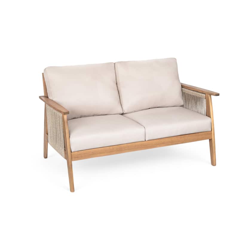 2-Piece Outdoor Patio Acacia Wood Rope Weave Conversation Sofa Set with Coffee Table