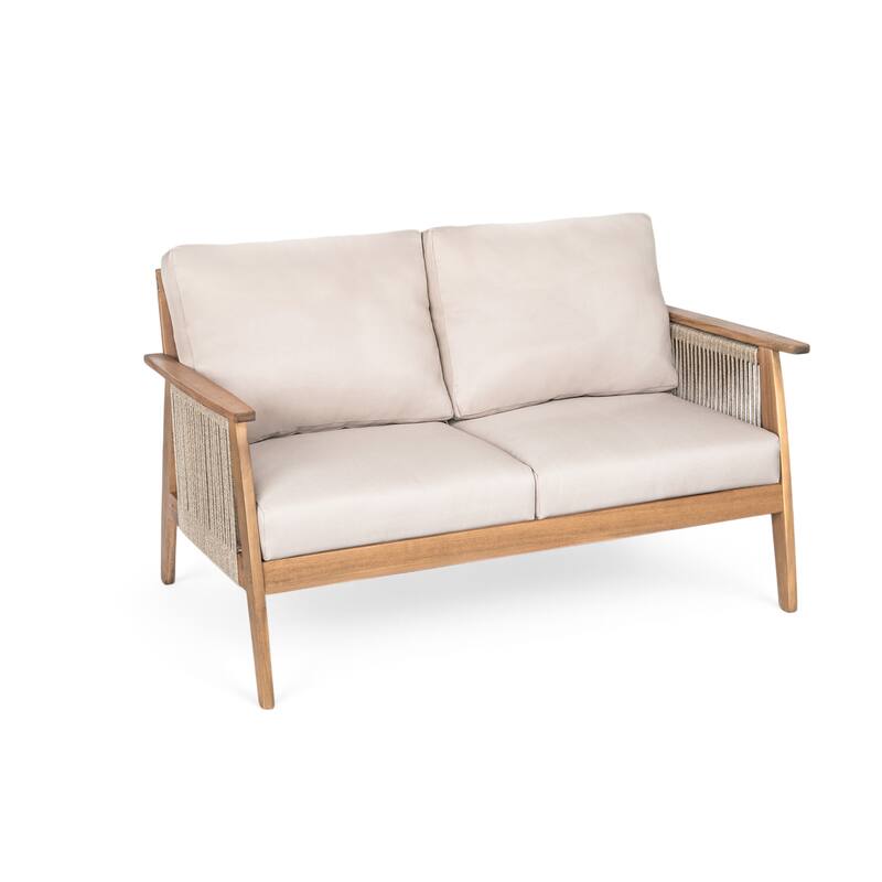 Christopher Knight Home - Modern Outdoor 2-Piece Acacia Wood Rope Patio Conversation Set with Water-Resistant Cushion