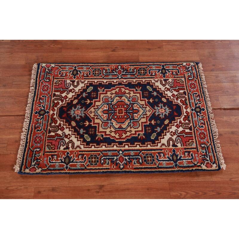 Hand Knotted Oriental 100% Wool Carpet Traditional Medallion Navy Blue & Blues Heriz (serapi) Area Rug - 3' 0'' X 2' 0''