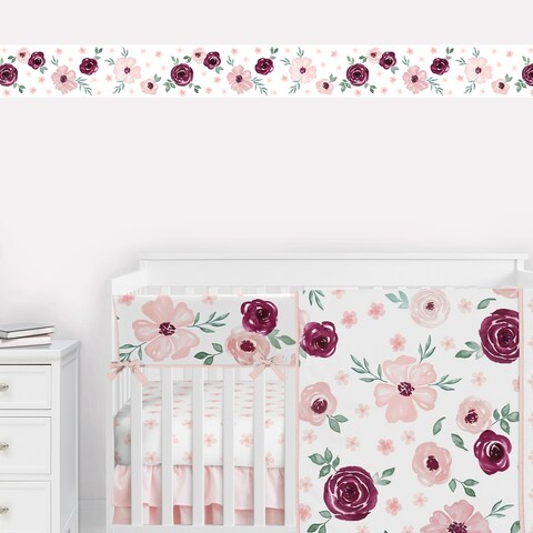 Burgundy and Pink Watercolor Floral Wallpaper Wall Border - Blush Maroon Wine Rose Green and White Shabby Chic Flower Farmhouse