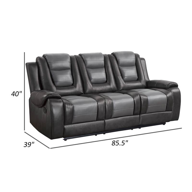 Istro 86 Inch Dual Manual Recliner Sofa, Drop Table, Gray Faux Leather