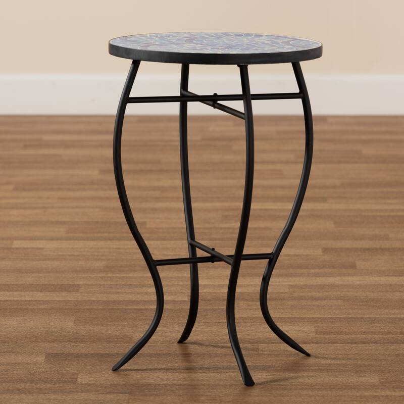 Gaenor Modern and Contemporary Black Metal and Blue Glass Plant Stand
