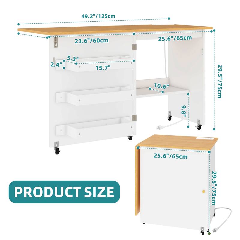 Moasis Folding Sewing Craft Table with Storage Shelves Cabinet With Charge Station