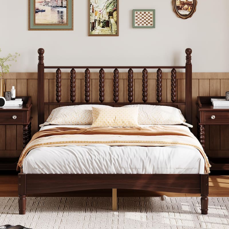 Wood Platform Bed Frame with Gourd Shaped Headboard, Retro Style Low Profile Bed with Wooden Slat Support, No Box Spring Needed
