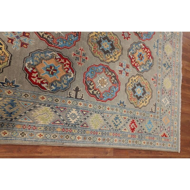 Geometric Grey Kazak Oriental Area Rug Handmade Wool Carpet - 4'10" x 6'11"